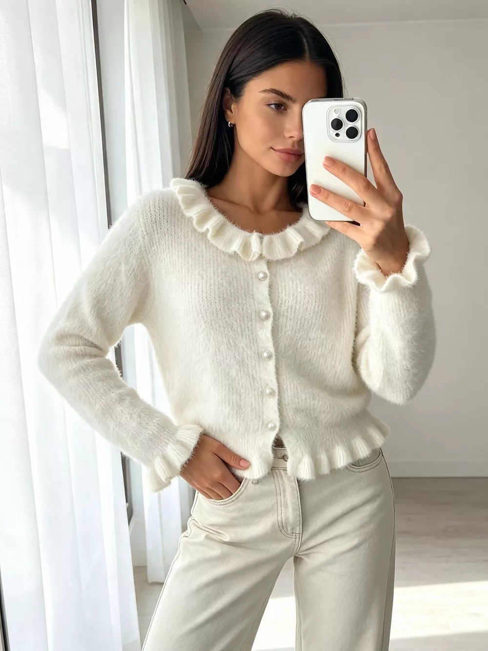 Soft Fuzzy Cardigan with Ruffled Collar and Pearl Buttons, image 6