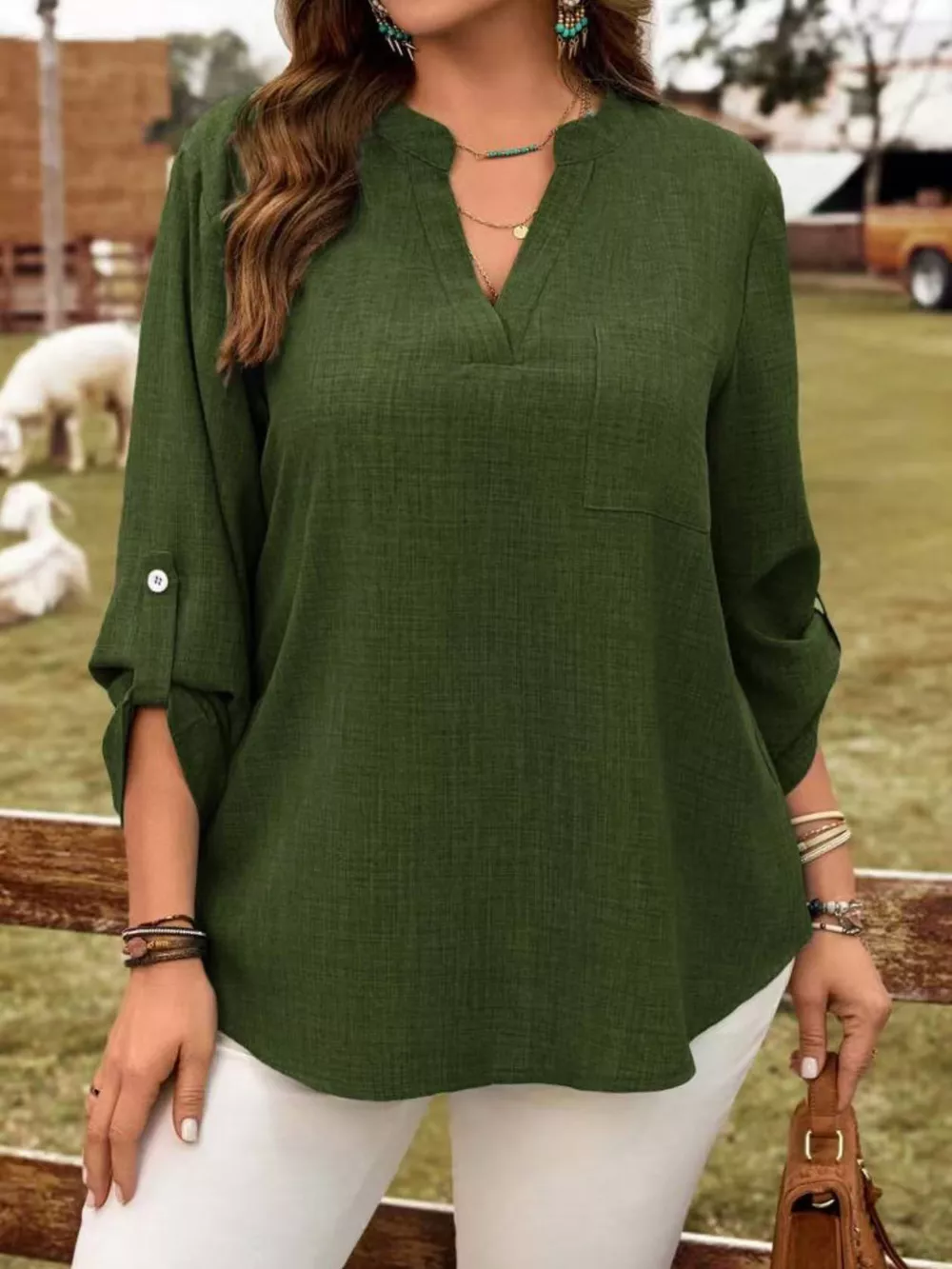 Plus Size Notched Roll-Tab Sleeve Casual Blouse, image 2