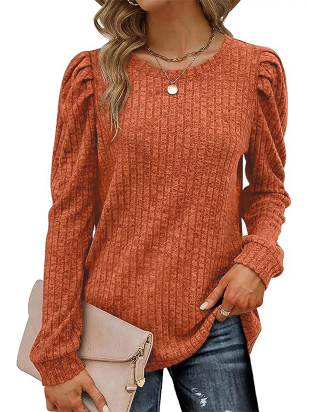 Ribbed Knit Top with Puff Sleeves, image 6
