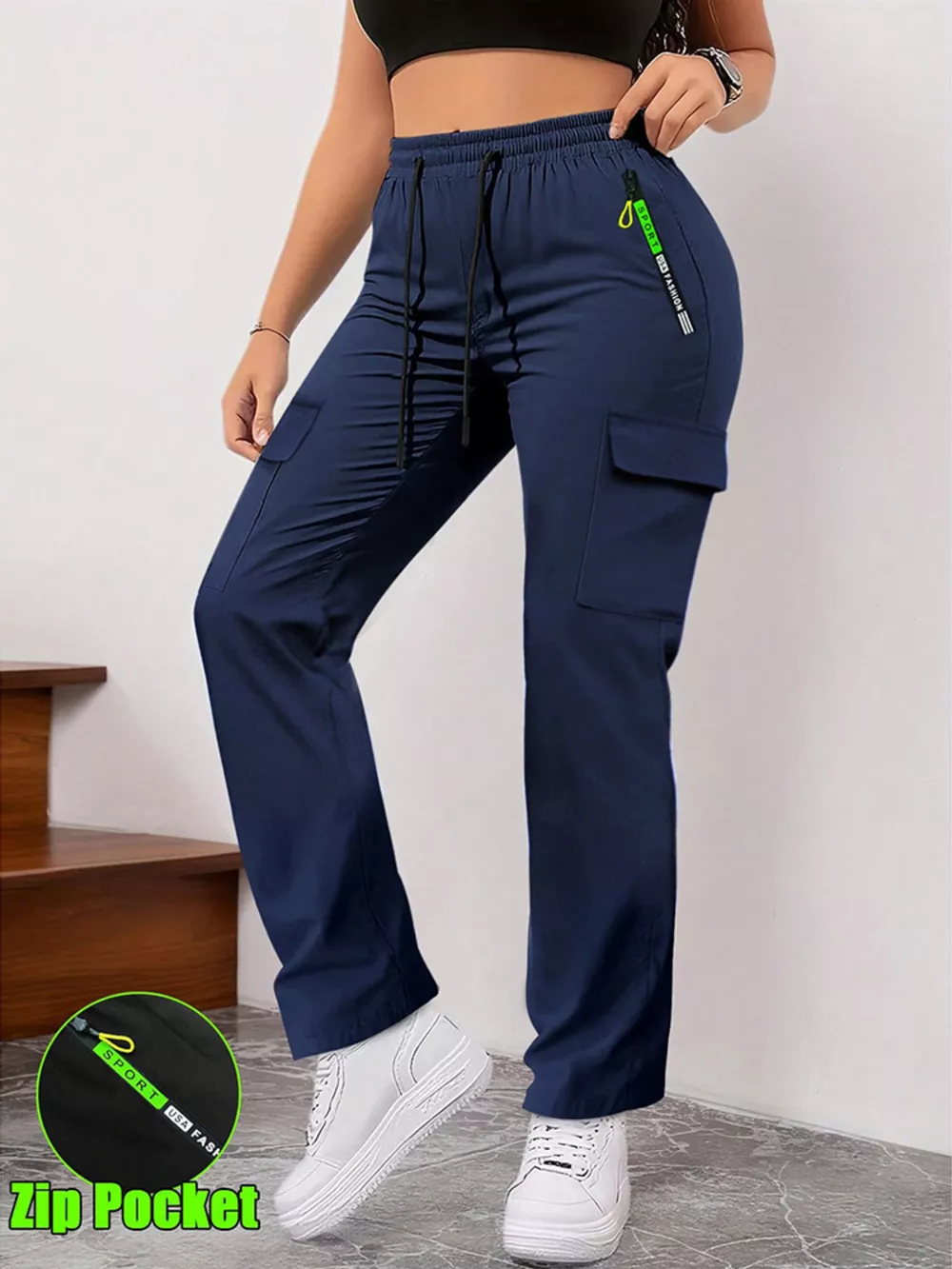 Full Size Drawstring Cargo Pants with Zip Pocket Plus Size, image 7
