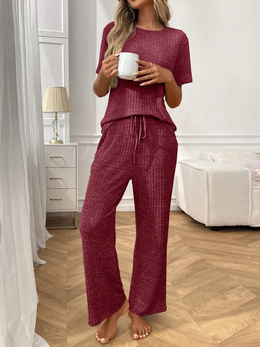 Ribbed Knit Short Sleeve Top and Pants Lounge Set, image 11