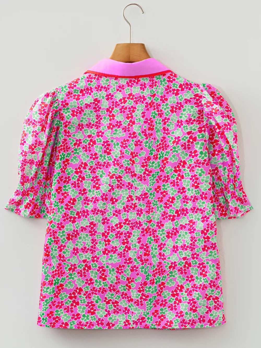 Floral Collared V Neck Short Puff Sleeve Blouse, image 8