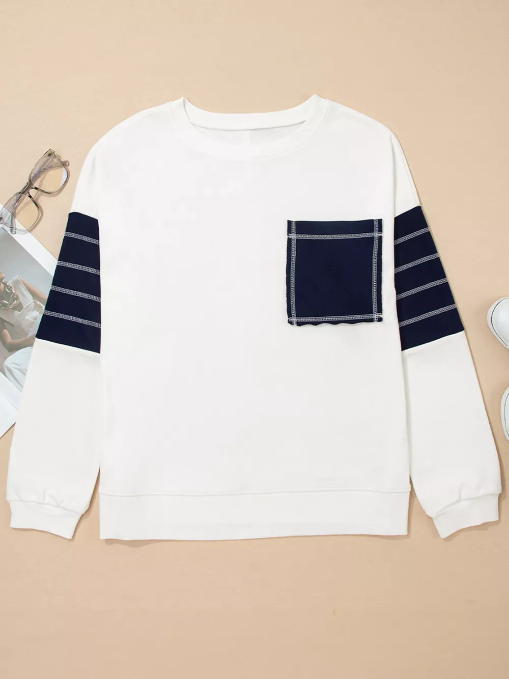 Exposed Seam Detail Color Block Patch Pocket Drop Shoulder Sweatshirt, image 8