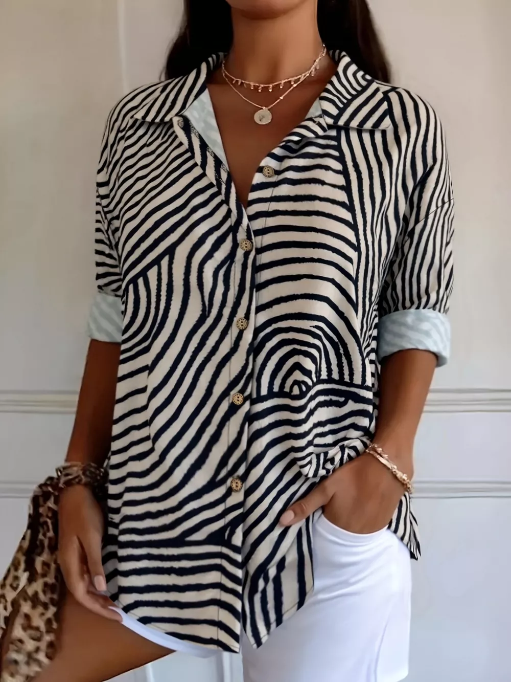 Plus Size Abstract Zebra Print Button-Down Shirt