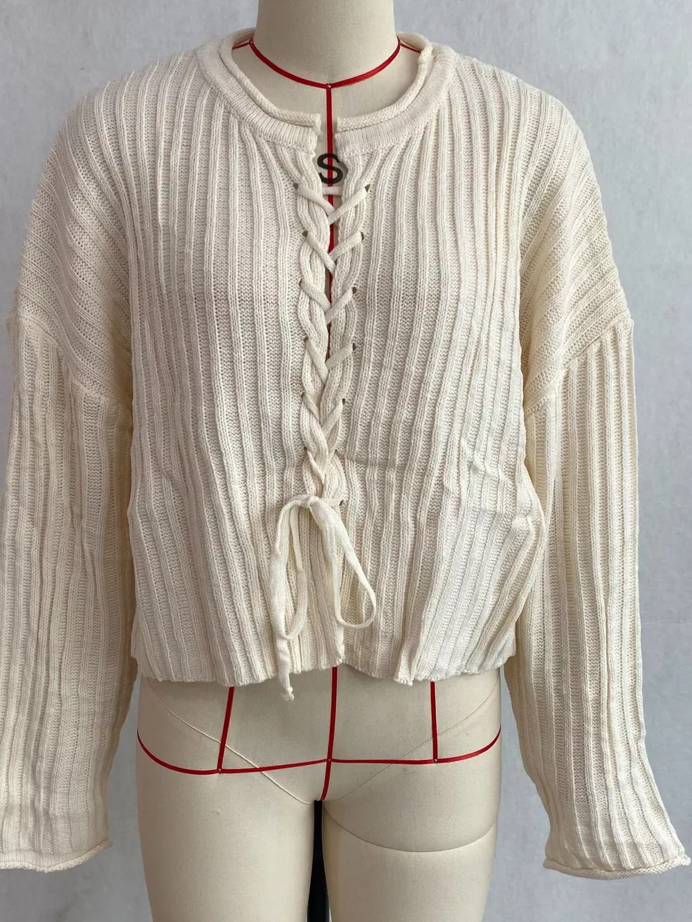 Ribbed Lace-Up Crop Sweater, image 3