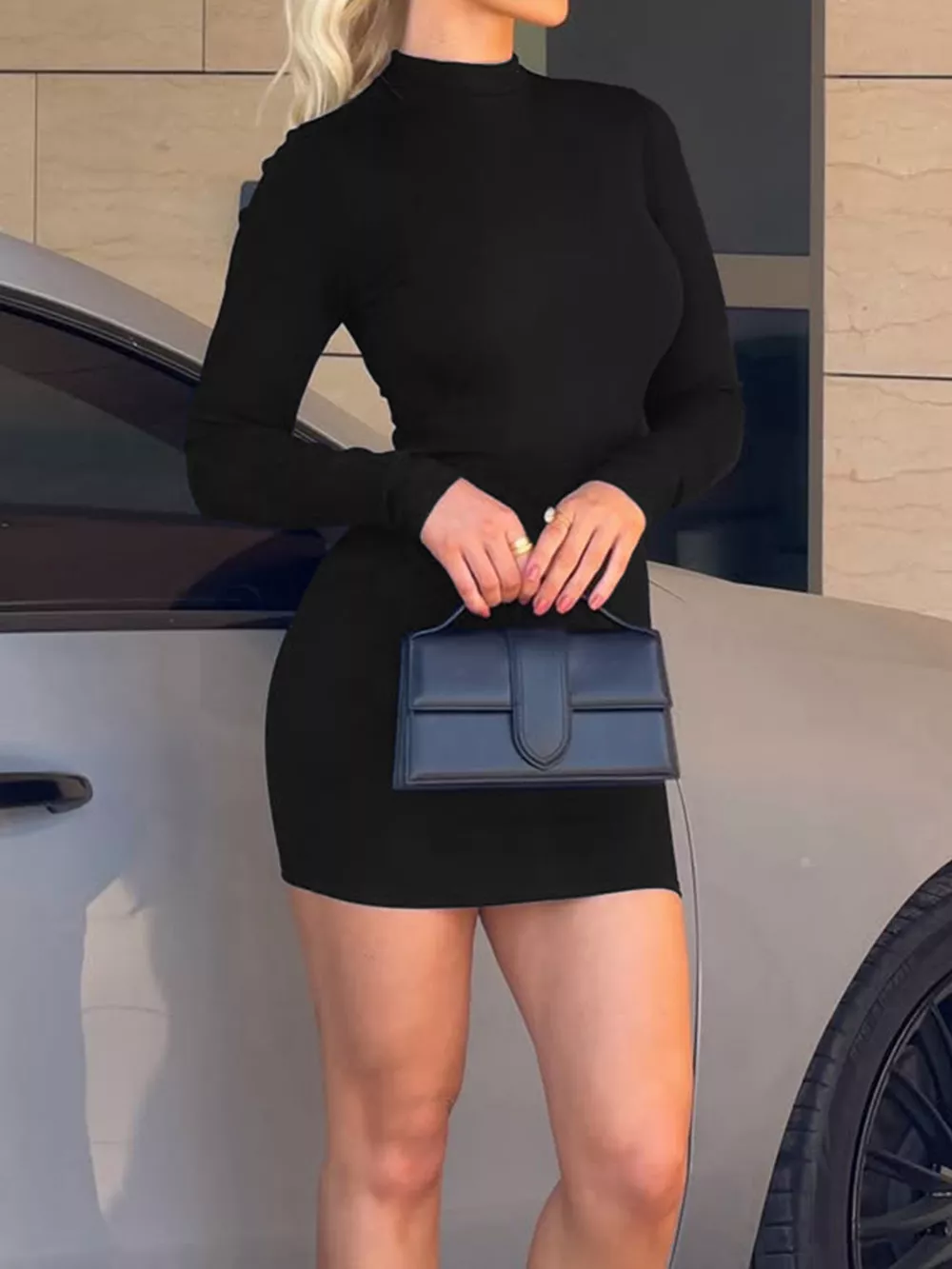 Mock Neck Ribbed Bodycon Knit Dress, image 4