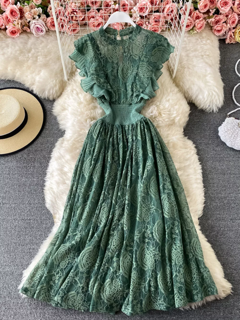 Ruffled Mock Neck Lace Maxi Dress, image 11