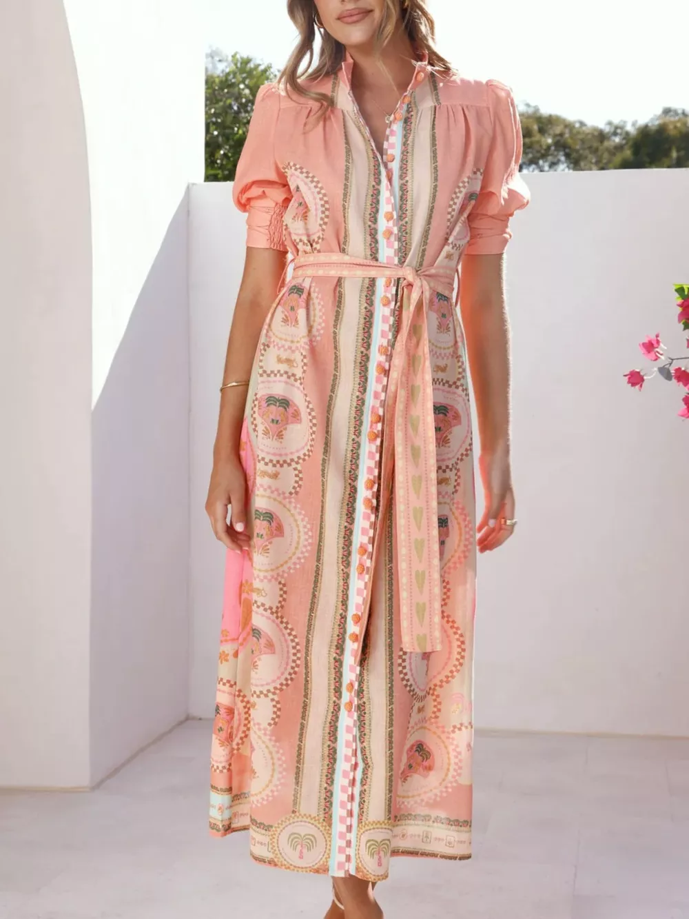 Printed Puff Sleeve Tie Waist Midi Dress, image 9