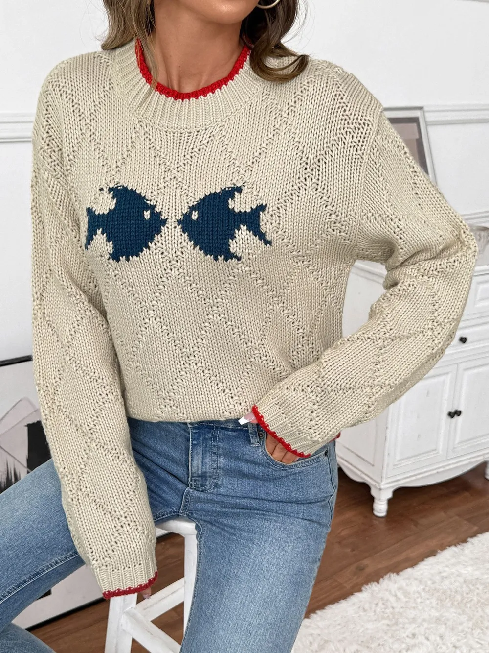Fish Pattern Round Neck Sweater, image 8