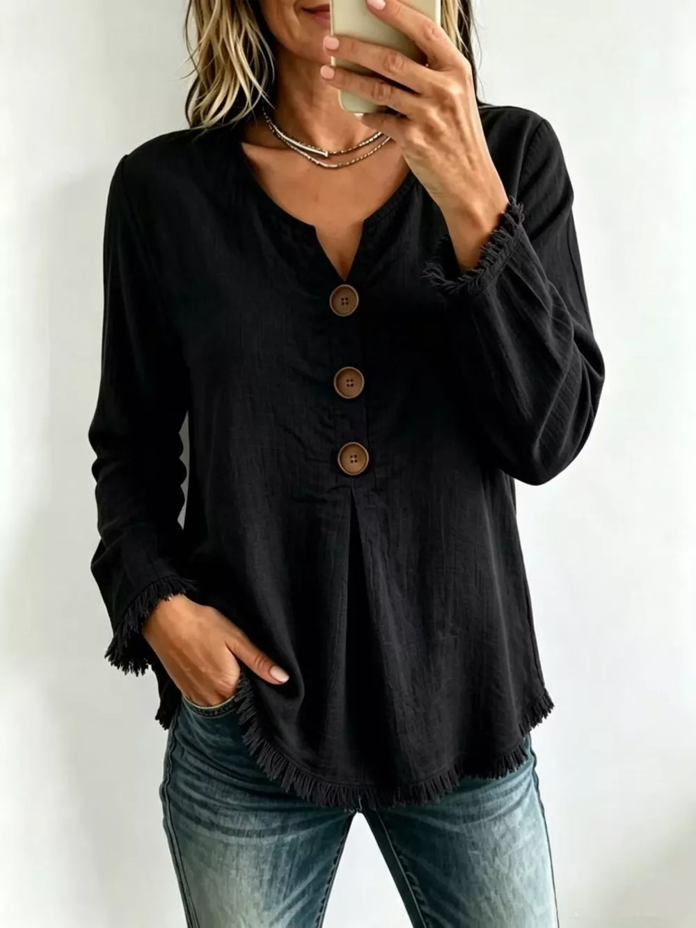 Full Size Casual Half-Button Blouse with Frayed Hem Detail Plus Size, image 7
