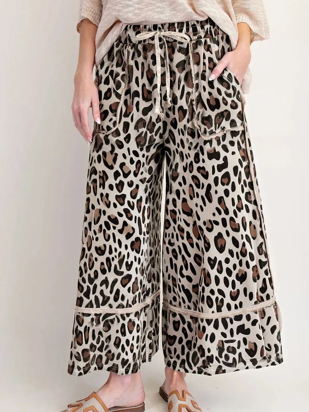Leopard Print Wide Leg Drawstring Pants, image 3