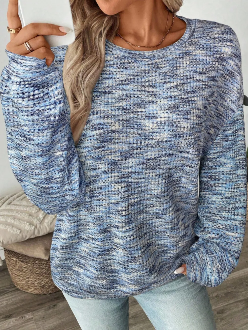 Space-Dyed Long Sleeve Waffle-Knit Top, image 6