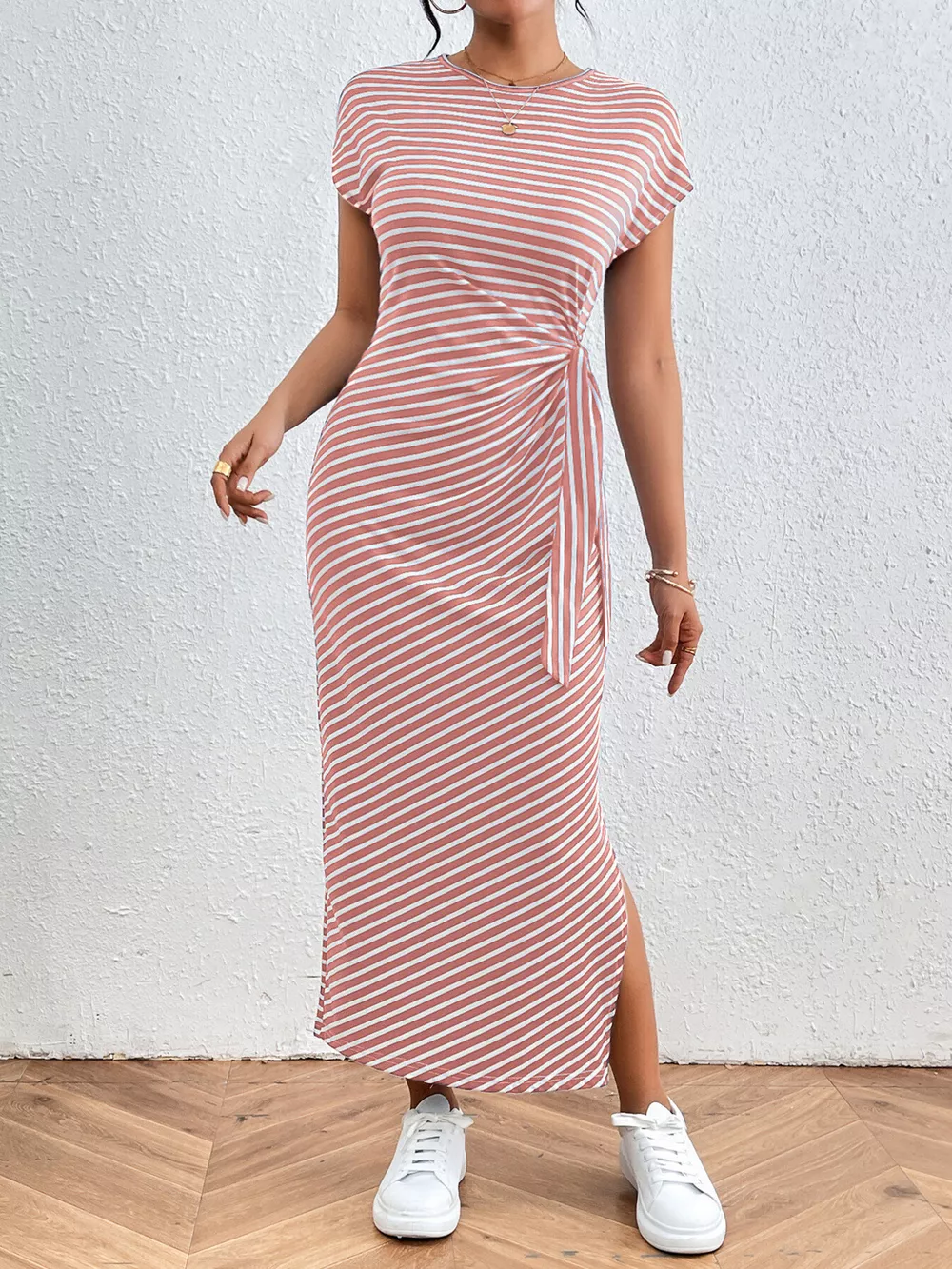 Striped Tie Side Casual Midi Dress, image 12