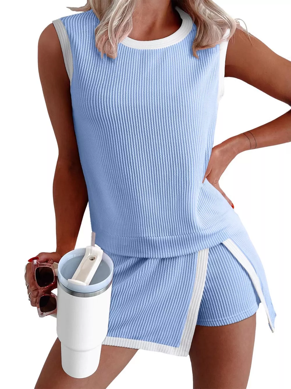 Ribbed Knit Sleeveless Top and Skort Set, image 2