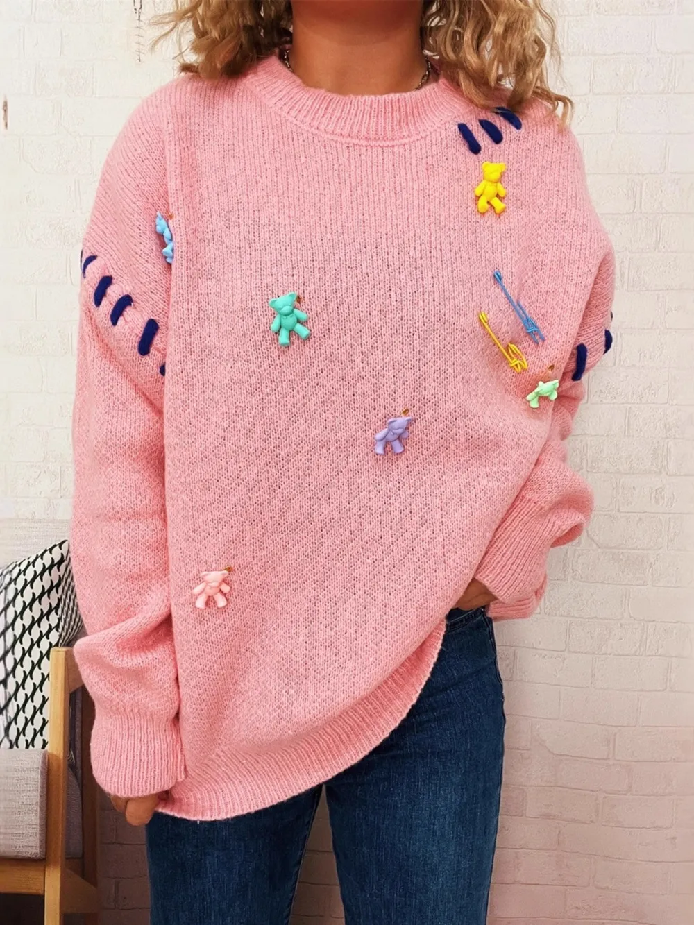 Bear Decoration Round Neck Sweater, image 3