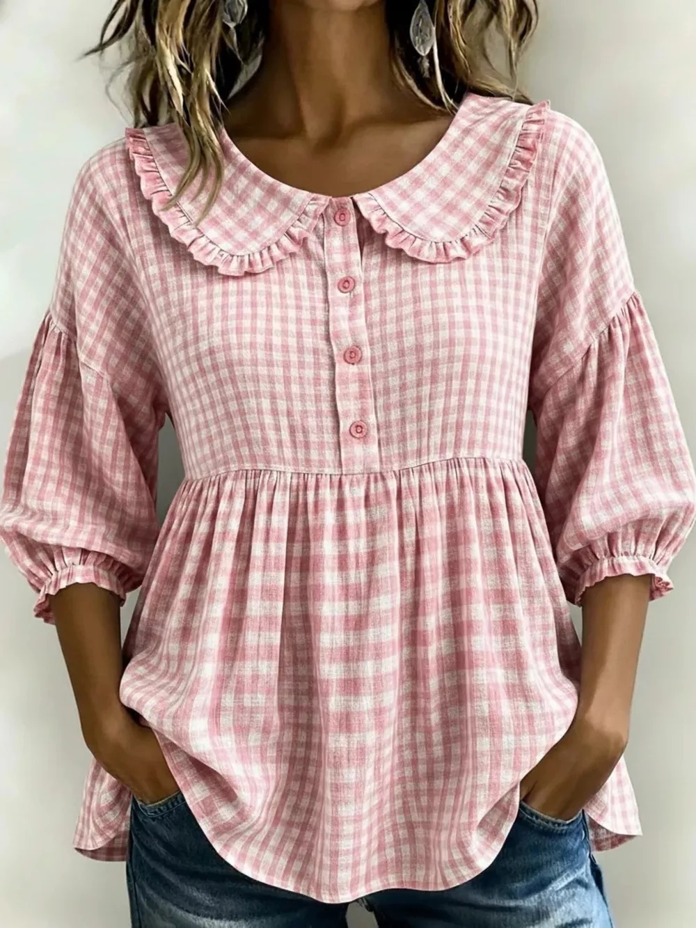 Full Size Gingham Peter Pan Collar Blouse Plus Size, image 7