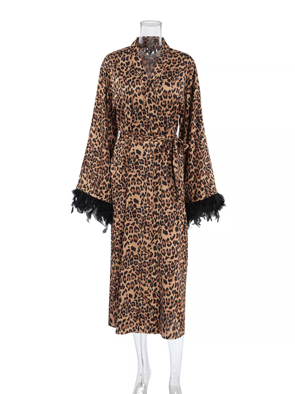 Leopard Print Feather-Trimmed Lounge Nightgown Robe, image 6