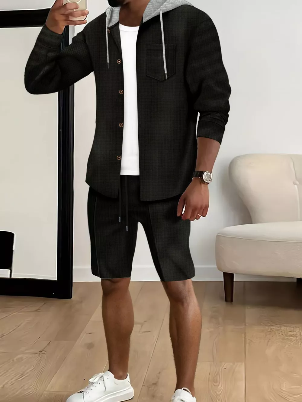 Men's Full Size Casual Hooded Button-Up Top and Shorts Set Plus Size, image 8