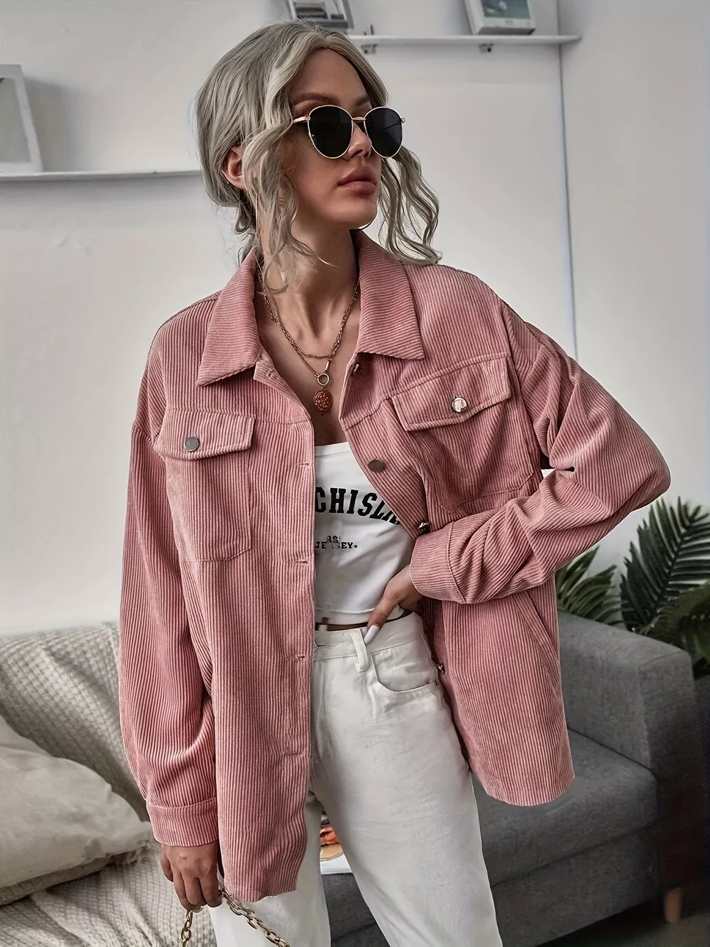 Casual Corduroy Button-Up Shacket, image 2