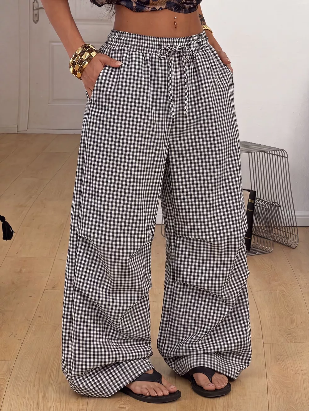 High-Waisted Gingham Wide-Leg Drawstring Pants, image 12