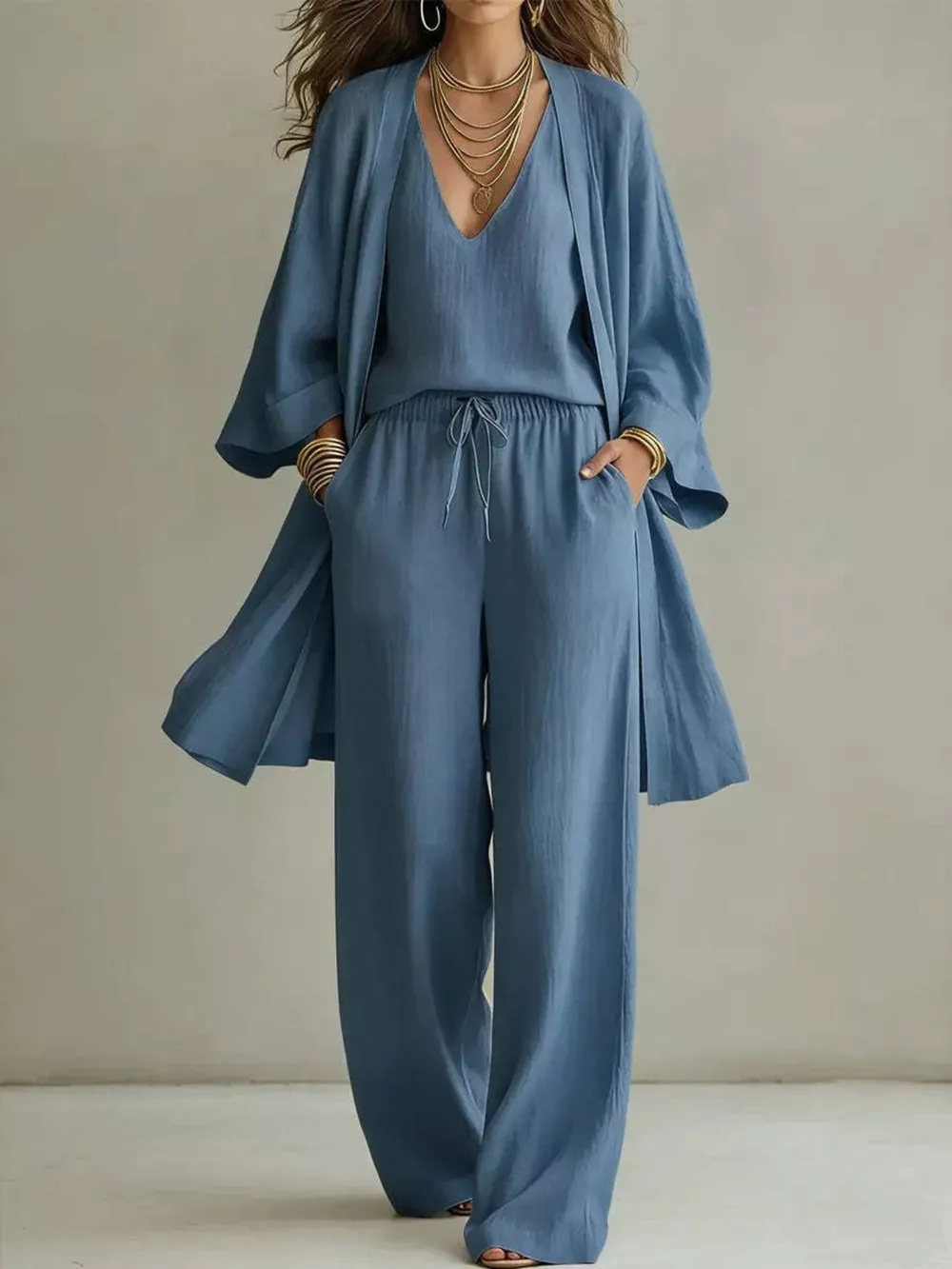 V-Neck Top & Cardigan & Pants Three-Piece Set, image 6