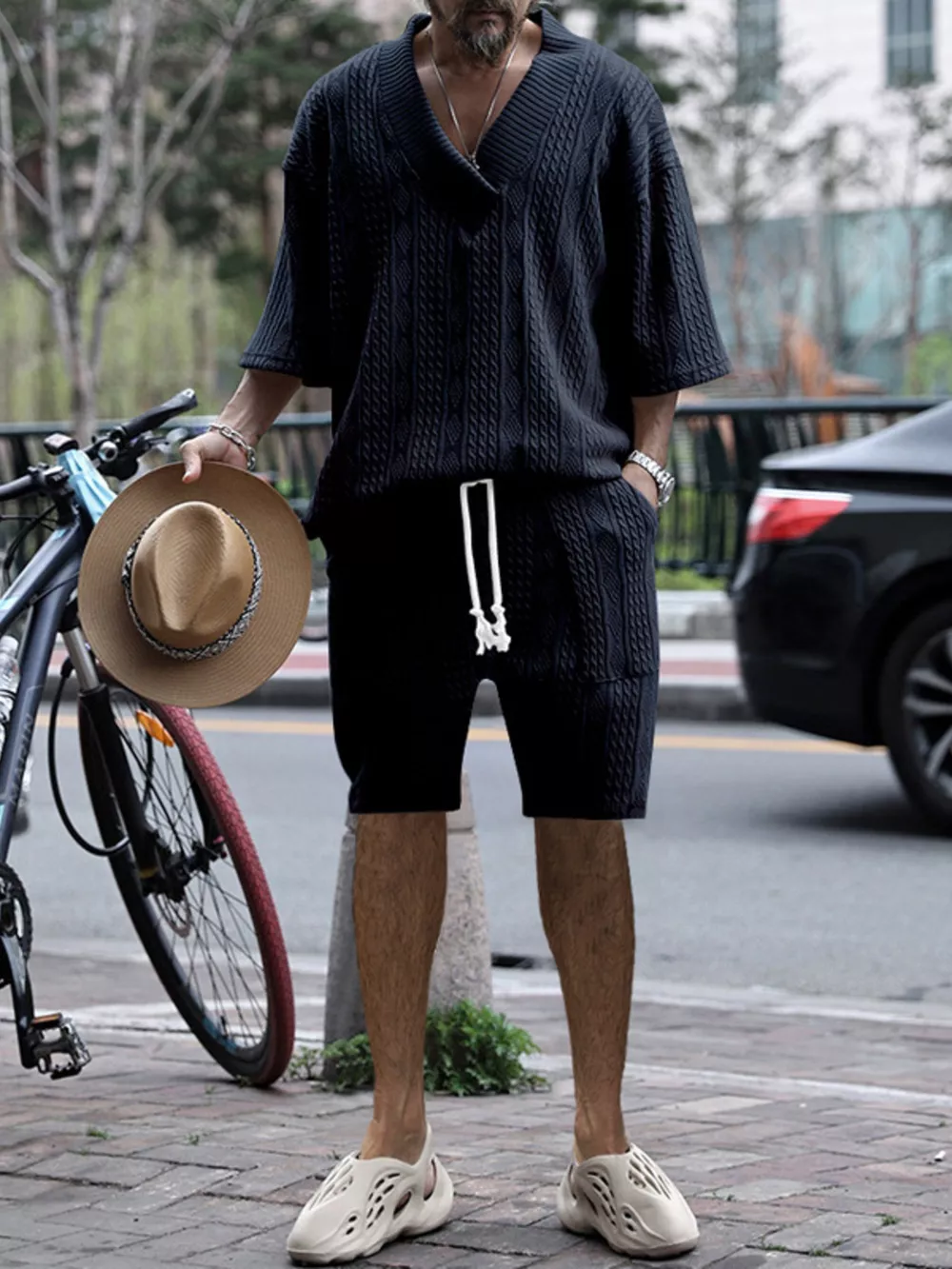 Men's Full Size Casual Knit V-Neck Short Sleeve Top and Shorts Set Plus Size, image 12