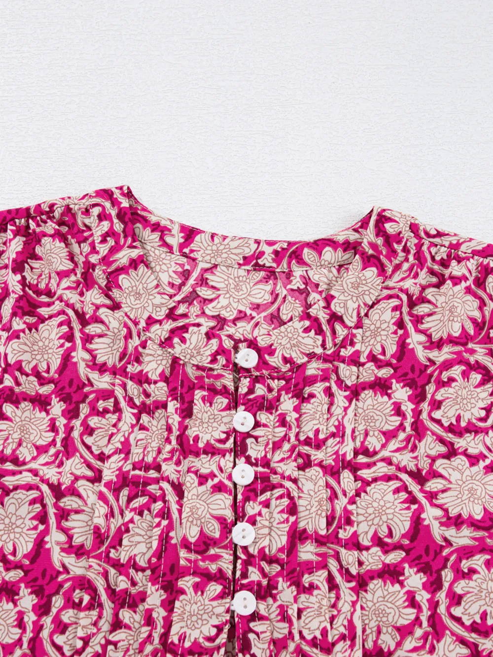 Floral Print Split Neck Pleated Long Sleeve Blouse, image 13