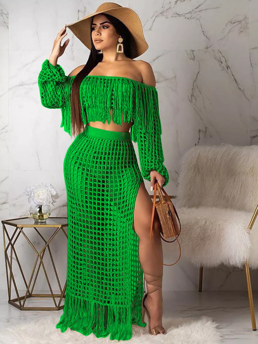 Full Size Crochet Off-Shoulder Fringe Top and Skirt Set Plus Size, image 16