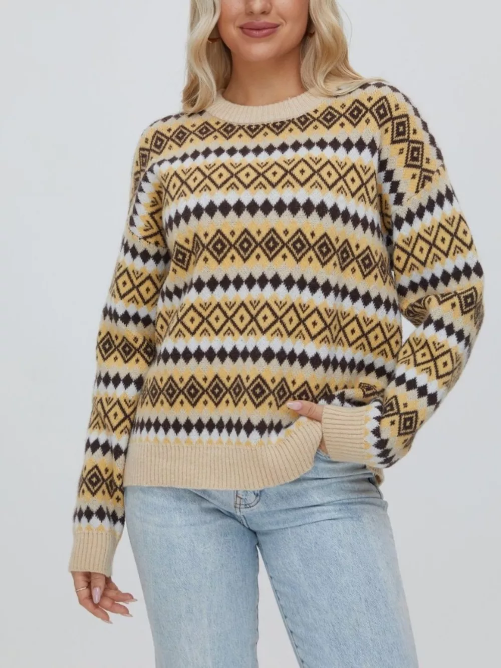 Geometric Pattern Round Neck Sweater, image 2