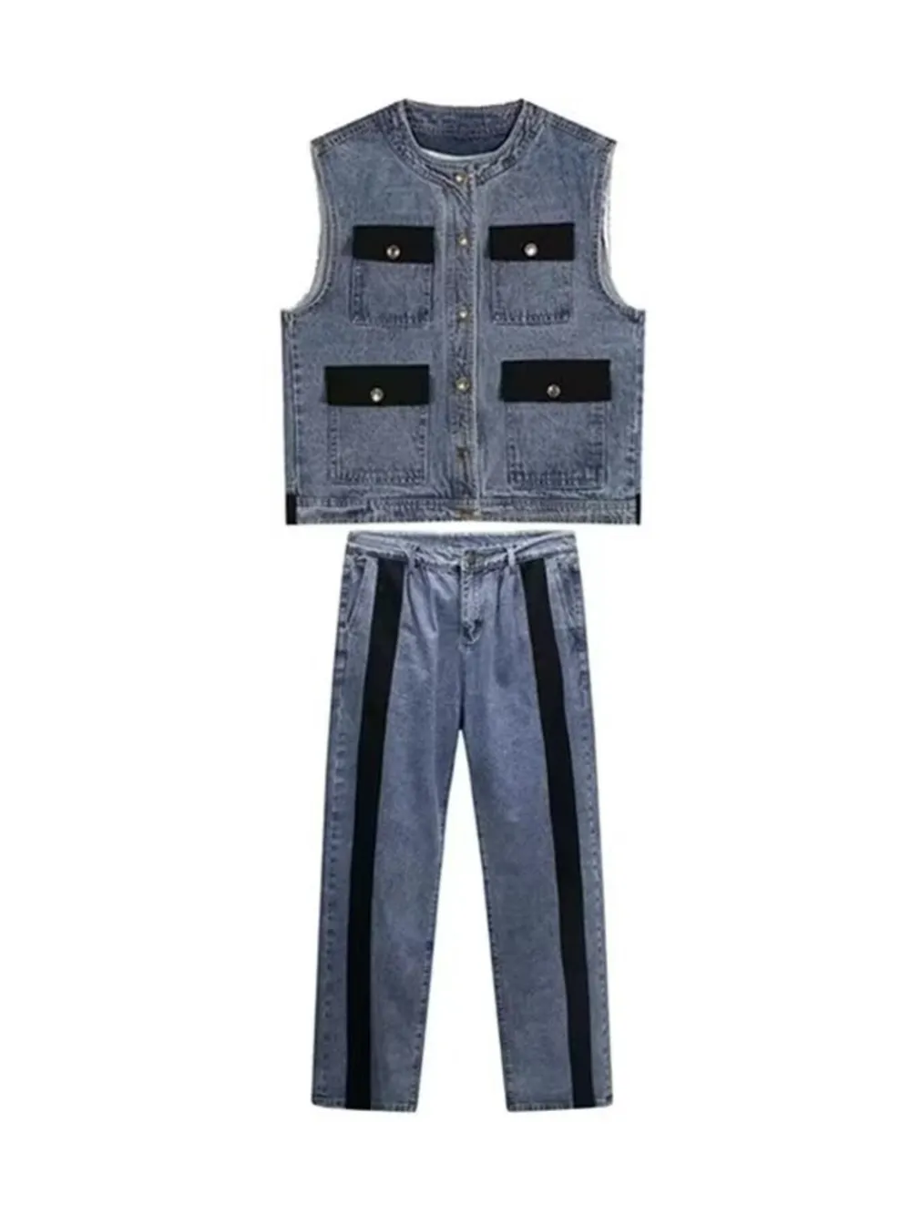 Men's Plus Size Button Up Vest and Pants Denim Set, image 2