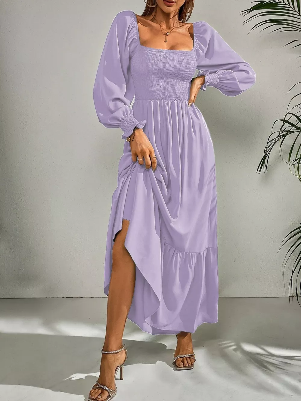Smocked Long Sleeve Midi Dress, image 8