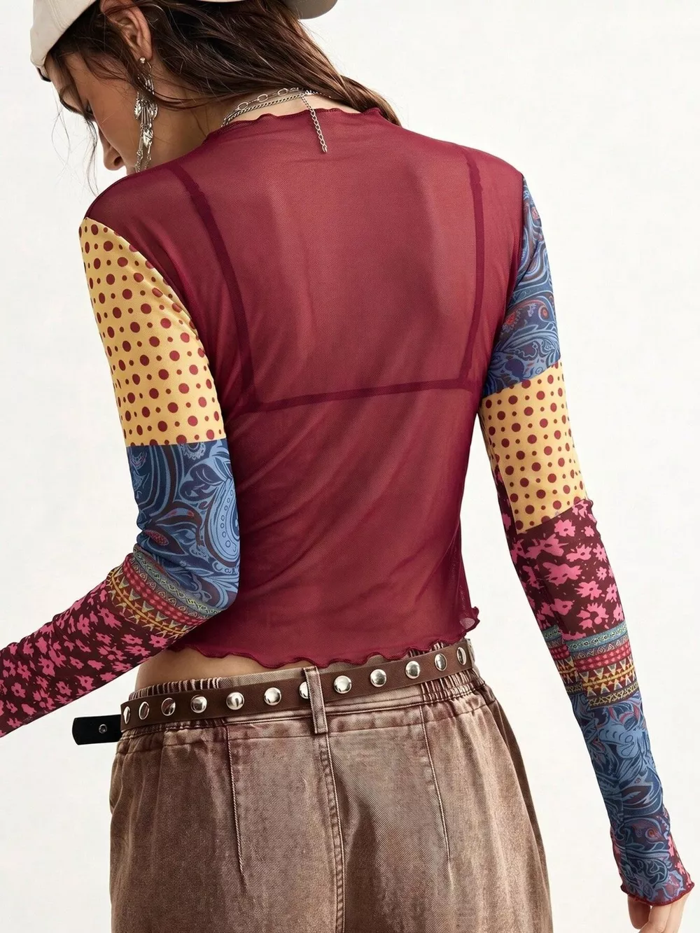 Floral Print Mesh Mock Neck Long Sleeve Top, image 3