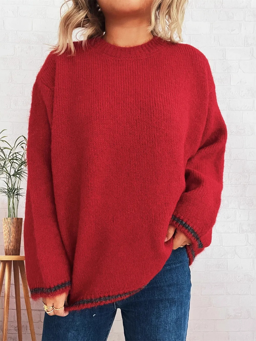 Contrast Trim Round Neck Cozy Sweater, image 14