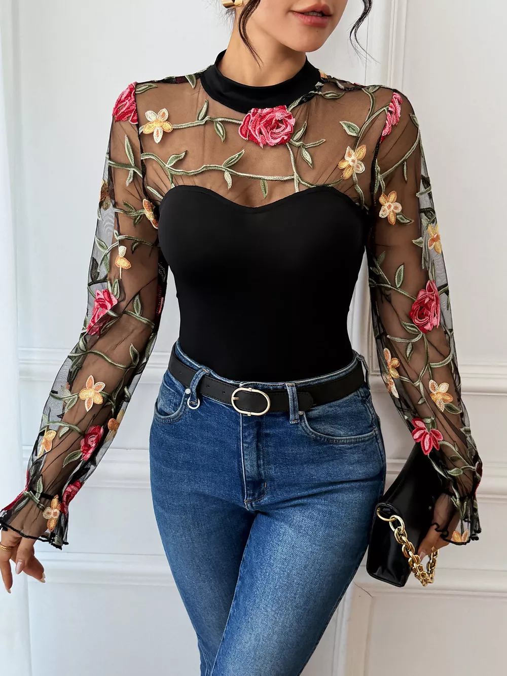 Floral Embroidered Mesh Long Sleeve Bodysuit, image 5