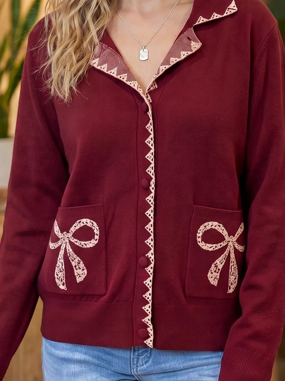 Bow Pocket Collar Long Sleeve Knit Cardigan, image 3