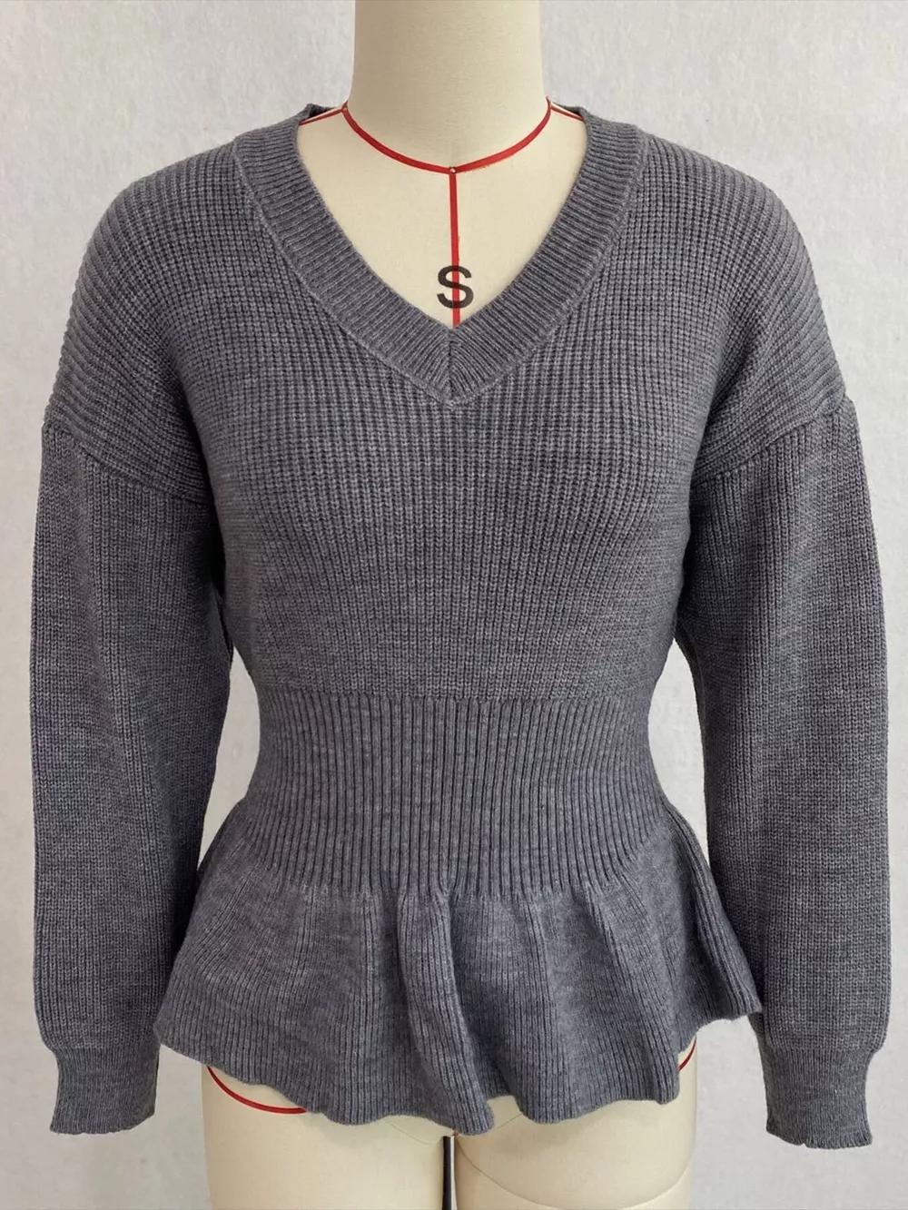 V-Neck Peplum Hem Ribbed Knit Top, image 26