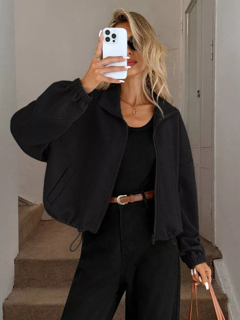 Drawstring Hem Textured Long Sleeve Jacket, image 21