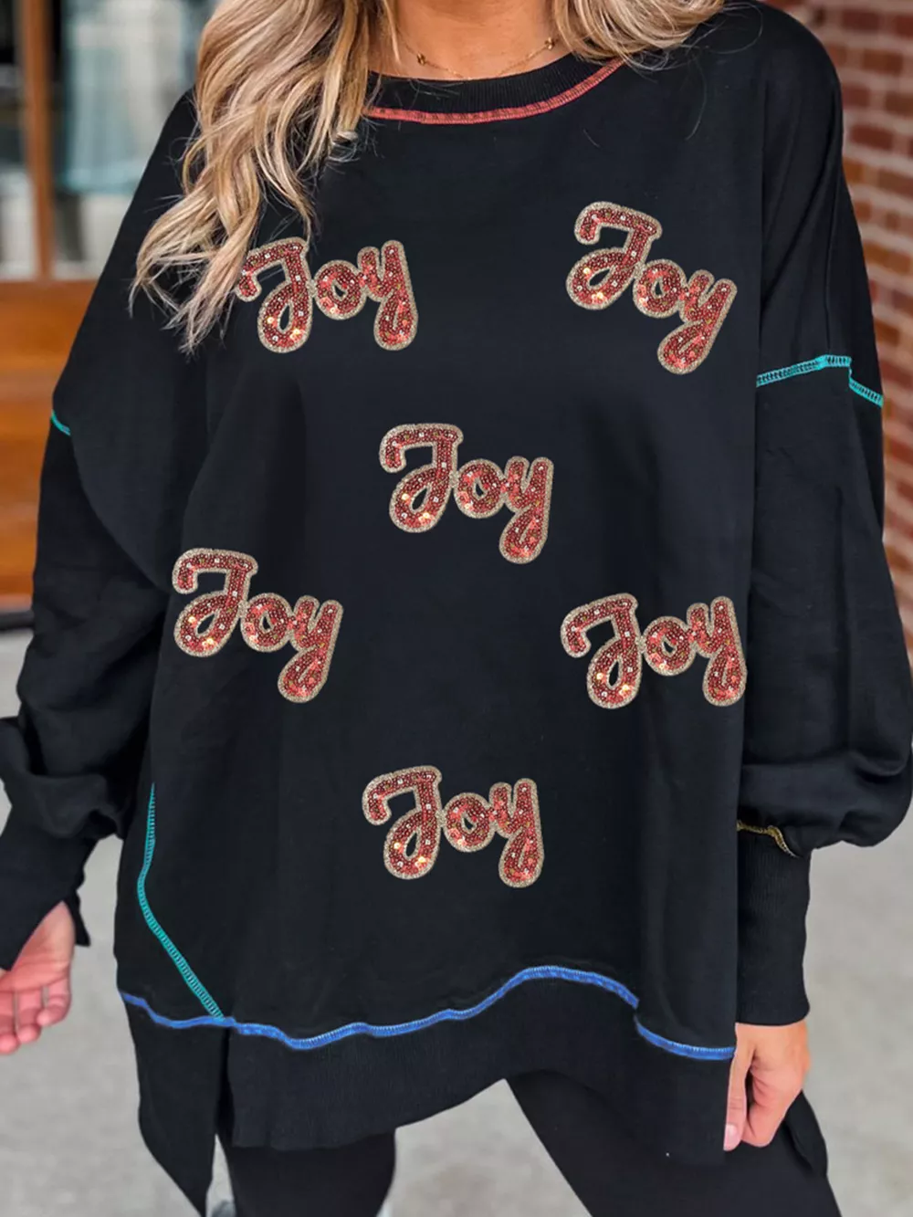 Sequin Joy Letter Graphic Contrast Seam Detail Drop Shoulder Sweatshirt