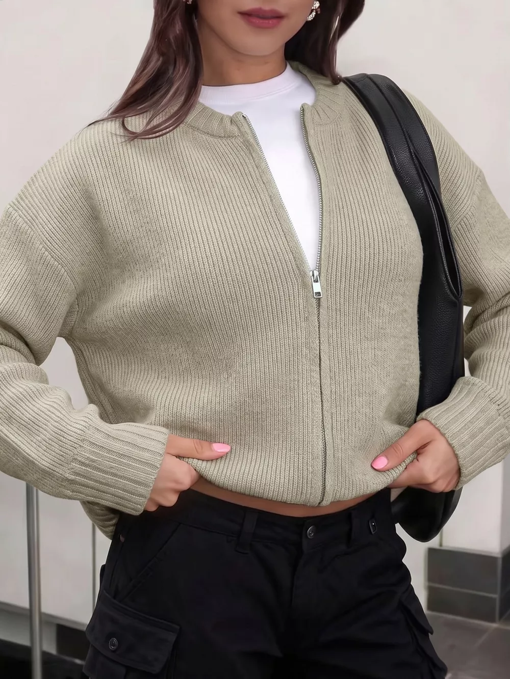 Zip-Up Dropped Shoulder Cardigan, image 3