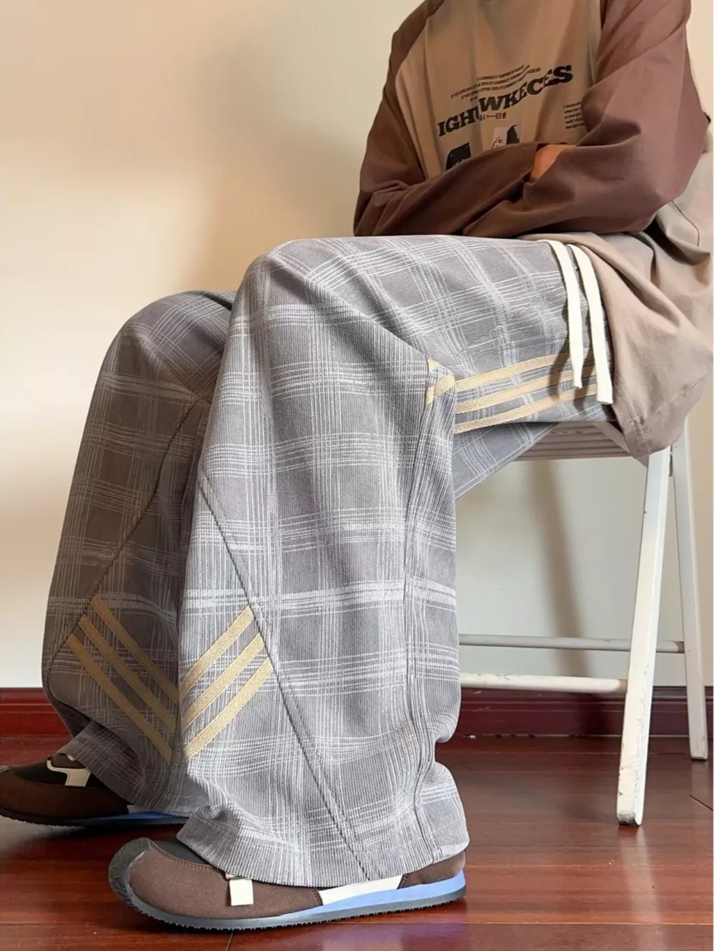 Men's Plaid Wide-Leg Pants with Side Stripes, image 3