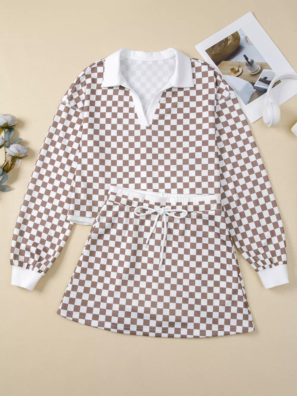 Checkered Print Polo Collar Cropped Long Sleeve Top and Drawstring Mini Skirt Set, image 9