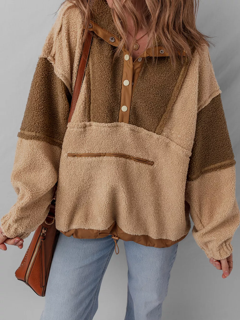 Color Block Patchwork Half Button Sherpa Sweatshirt, image 5