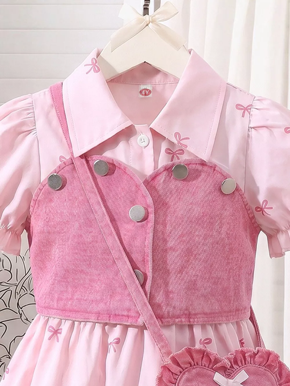 Children's Bow Print Puff Sleeve Dress and Vest Set with Heart Bag, image 2