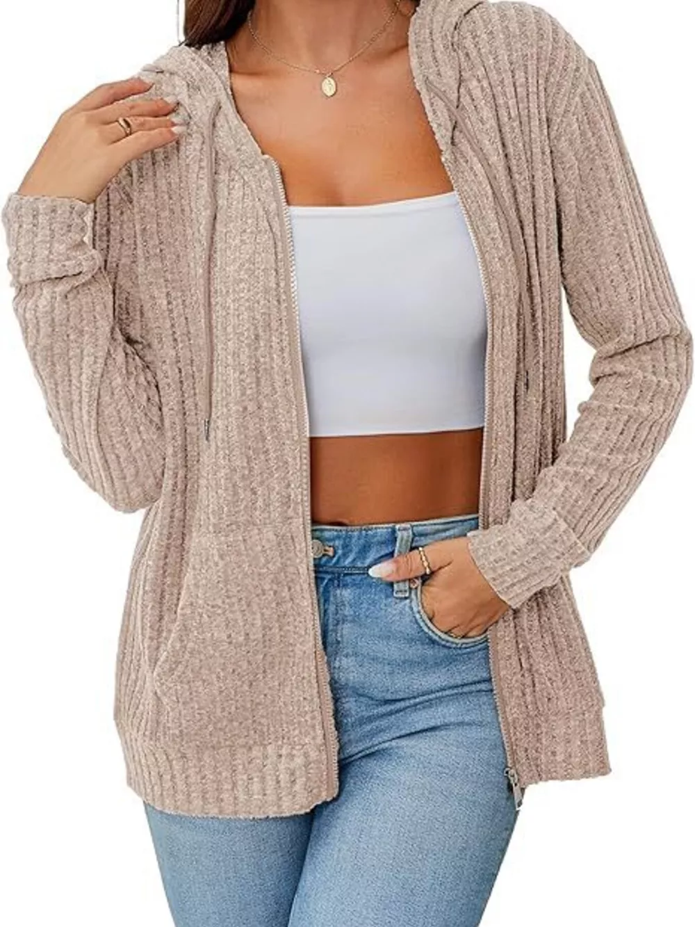 Ribbed Zip Up Hooded Outerwear, image 2