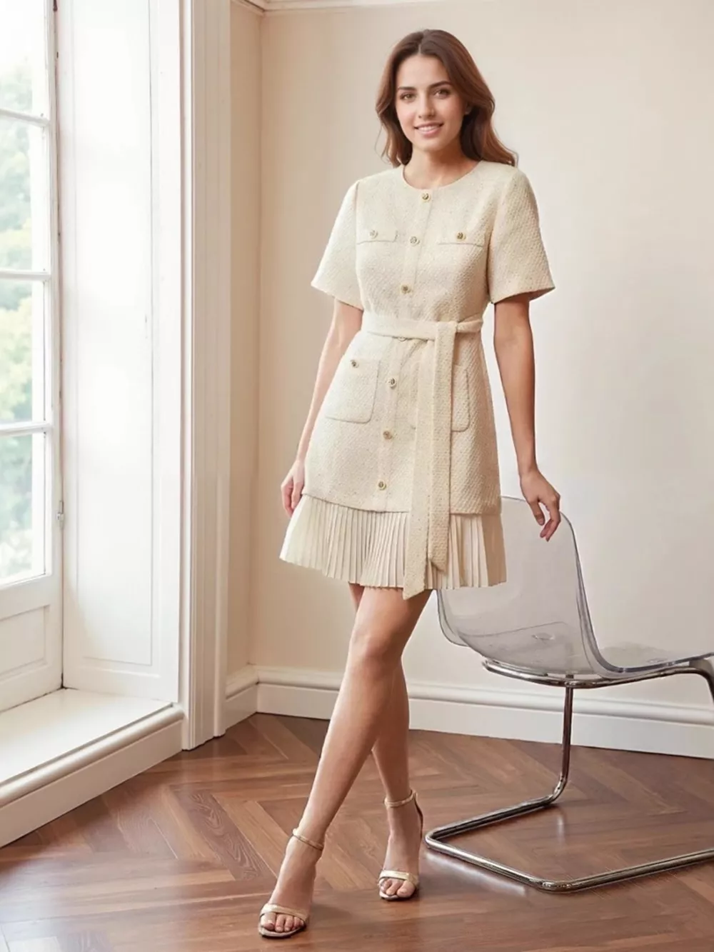 Pleated Hem Round Neck Dress, image 5