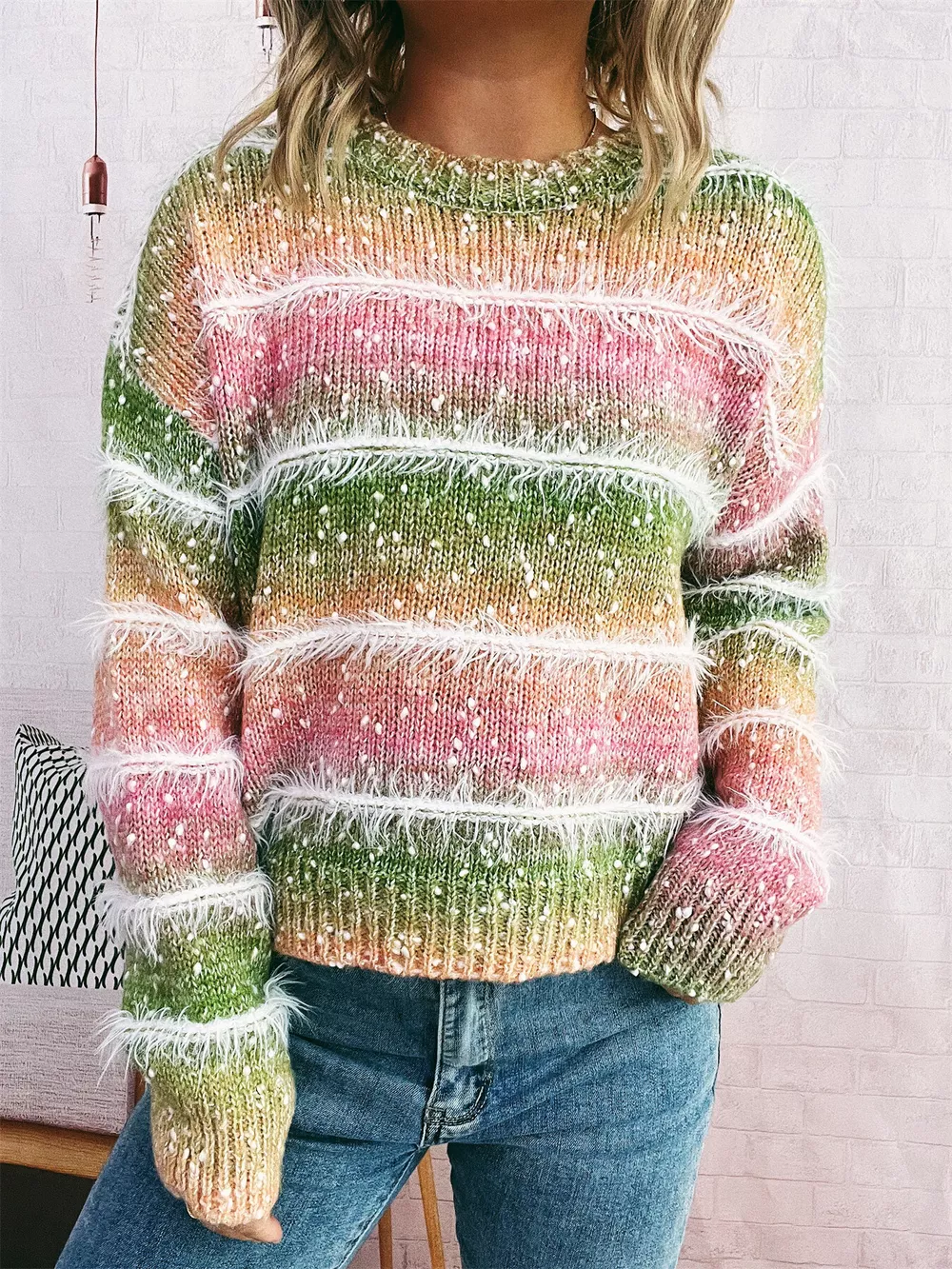 Gradient Striped Round Neck Sweater, image 6
