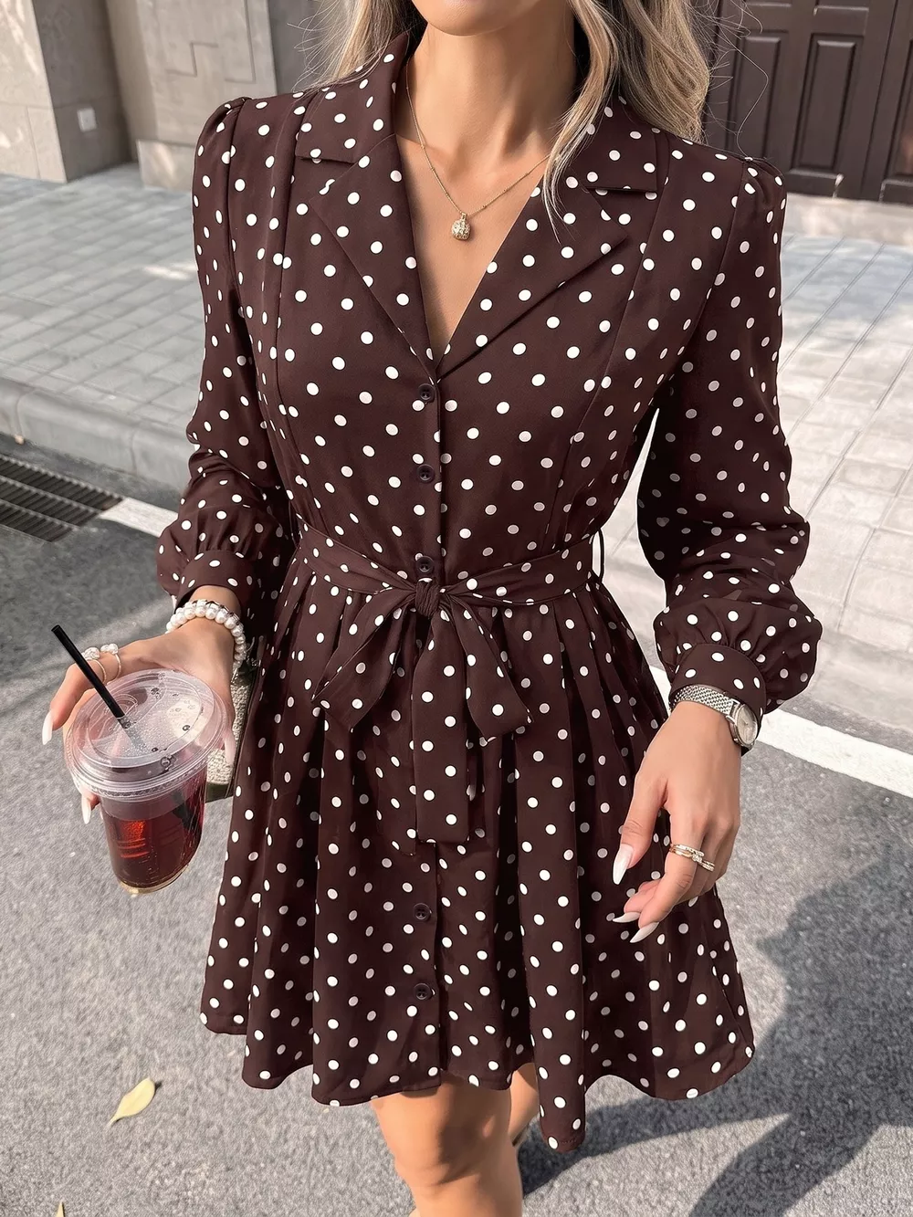 Polka Dot Long Sleeve Shirt Dress, image 4