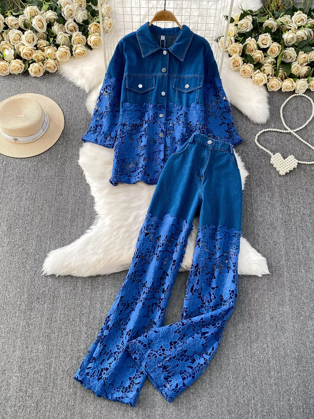 Lace Patchwork Shacket and Pants Set, image 4