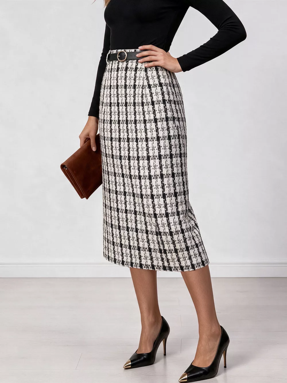 High-Waisted Tweed Plaid Midi Skirt, image 6