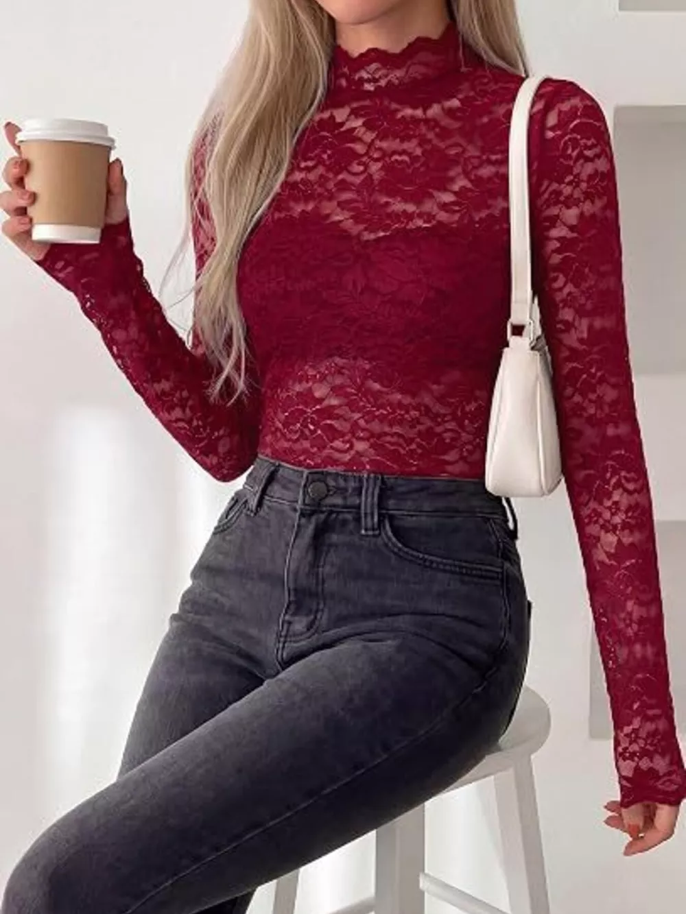 Mock Neck Floral Lace Long Sleeve Blouse, image 12